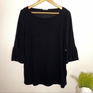 Pleione Ribbed Tunic Shirt Bell Sleeves 3/4 Black